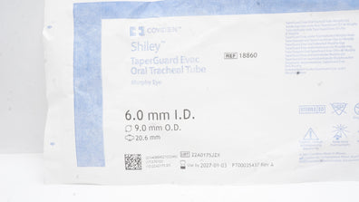 Covidien 18860 Shiley TaperGuard Evac Oral Tracheal Tube 6.0ID x 9.0OD x 20.6mm